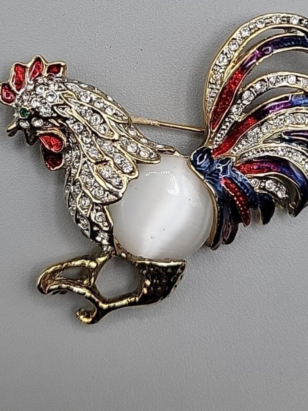 Vintage Large Colorful Rhinestone Jelly Belly Rooster Brooch - Picture 2 of 8